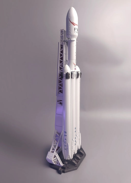 SpaceX Falcon Heavy model on the startup table, side view